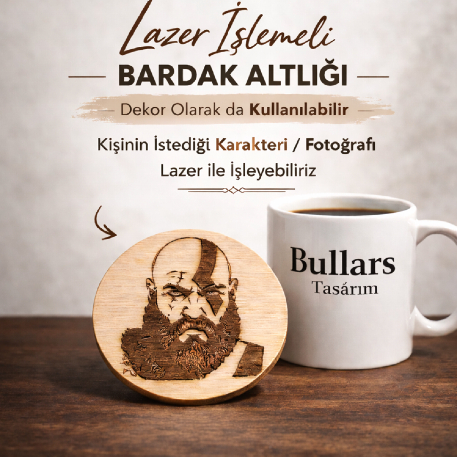 Kişiye özel ahşap bardak altlığı - lazer kazıma tasarımı - Bullars Tasarım