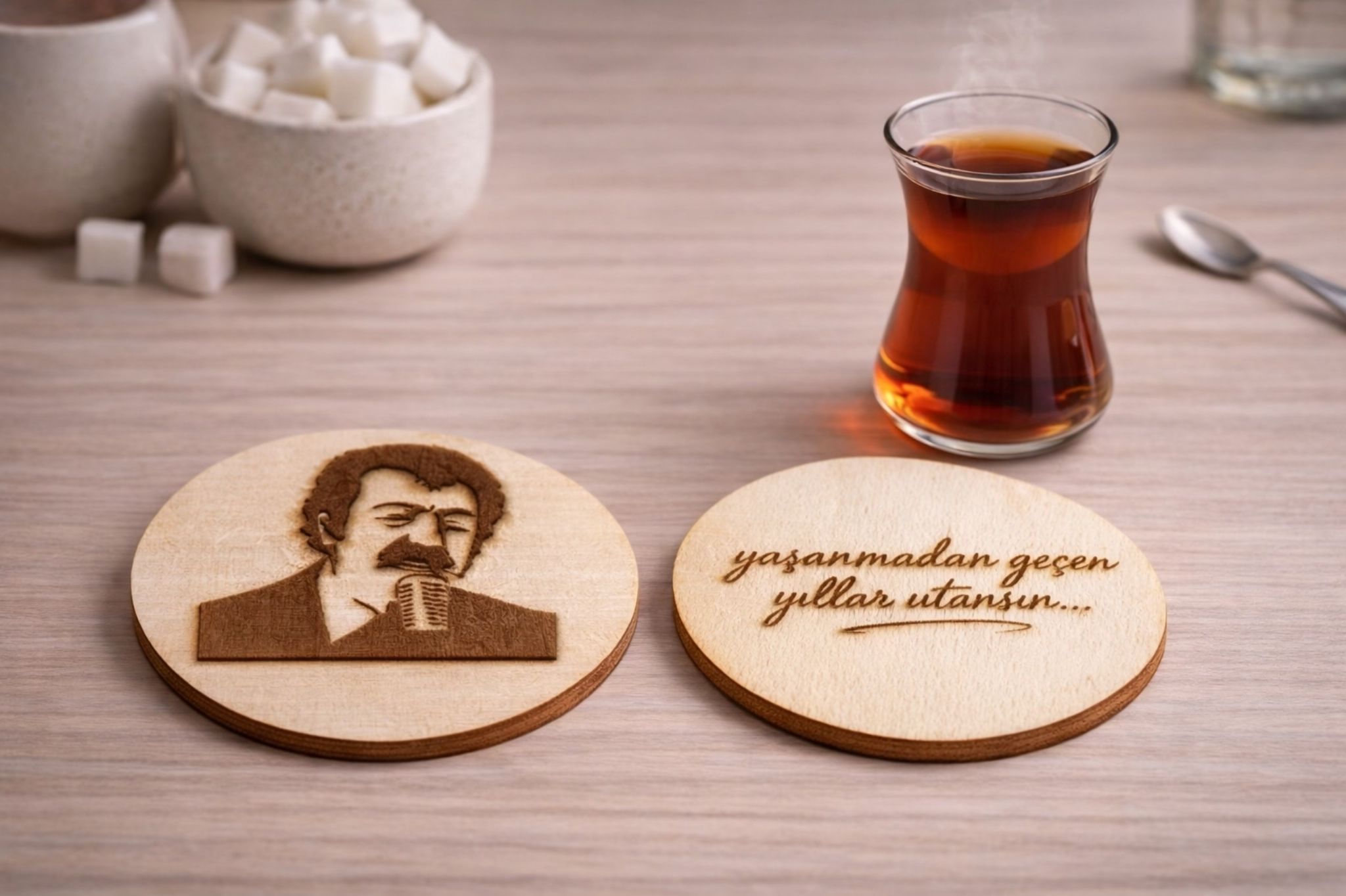 Ahşap bardak altlığı seti - kişiye özel hediye - dekoratif aksessuarlar