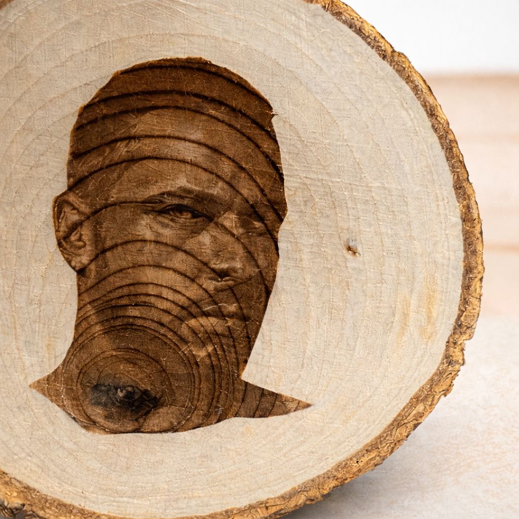 Kadın portresi lazer kazıma ile ahşap kütüğe işlenmiş dekoratif duvar tablosu