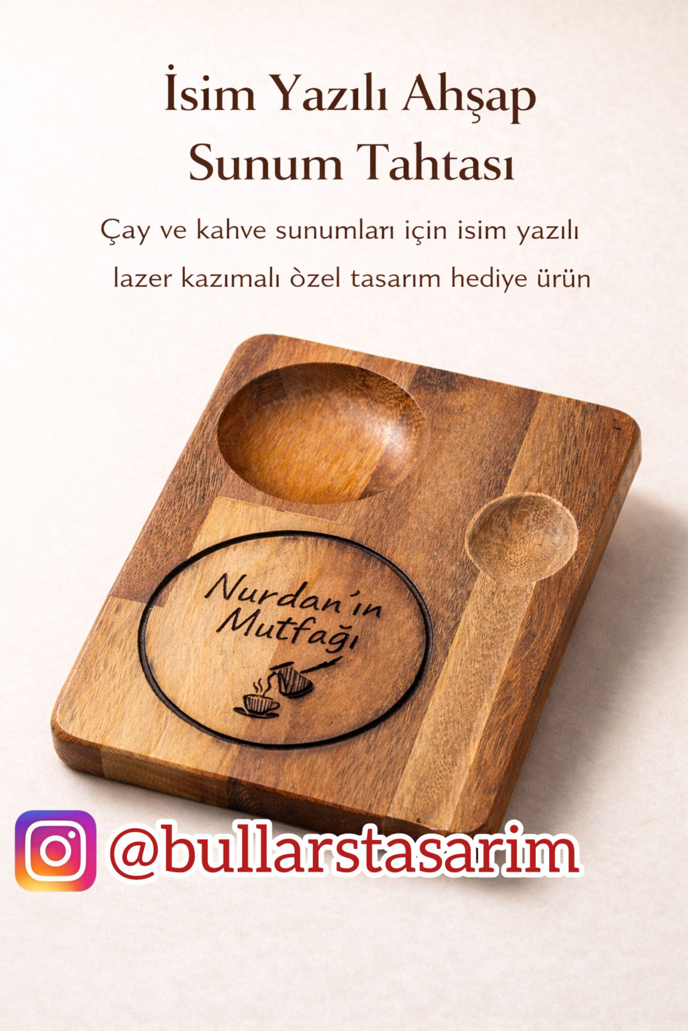 Kişiye özel ahşap kahve sunum seti isimli hediyelik tasarım - Bullars Tasarım