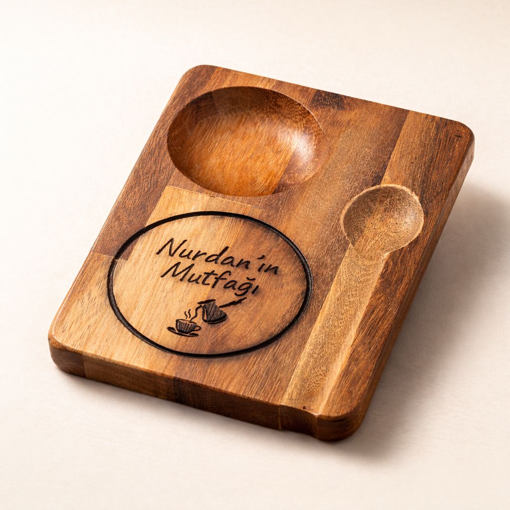 Kişiye özel ahşap kahve sunum tahtası isim yazılı lazer kazıma - Bullars Tasarım