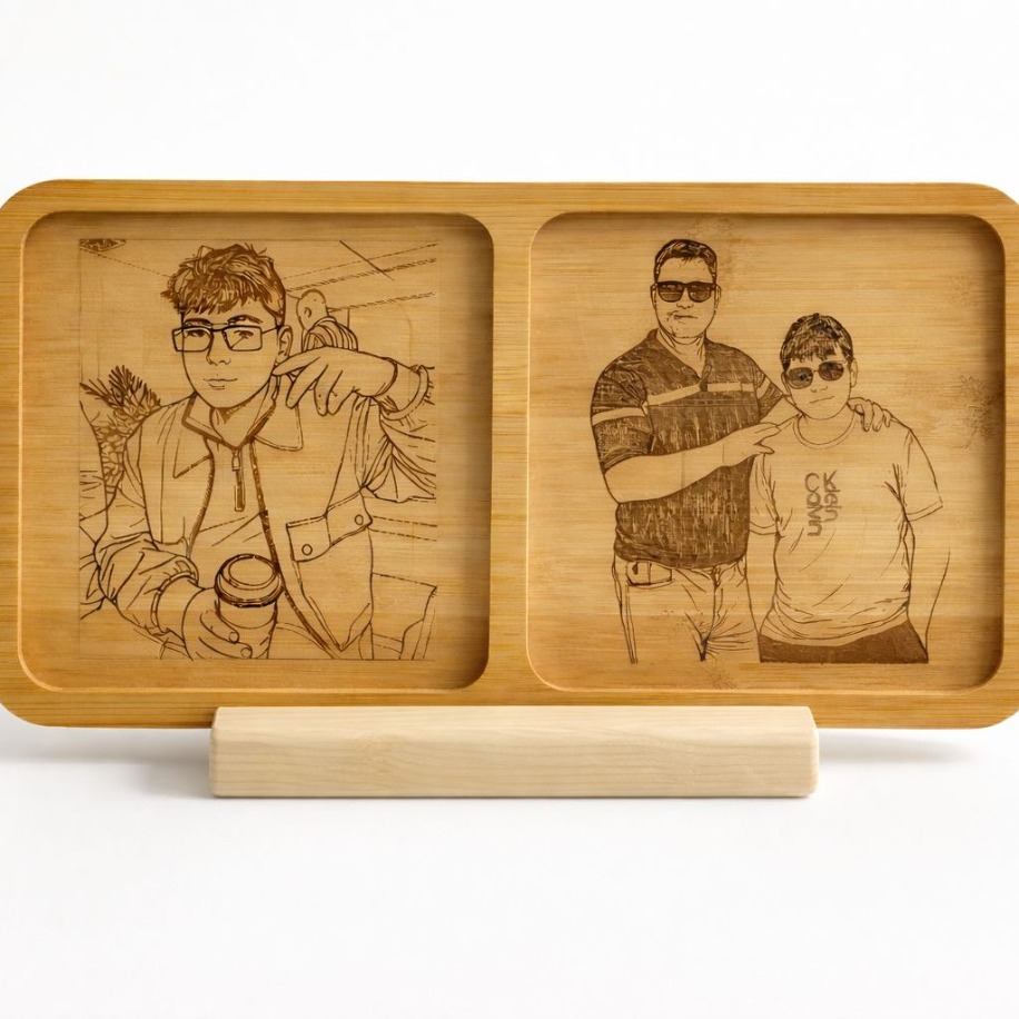 Kişiye özel çift fotoğraflı lazer kazıma bambu çerçeve - ikinci görünüm - Bullars Tasarım